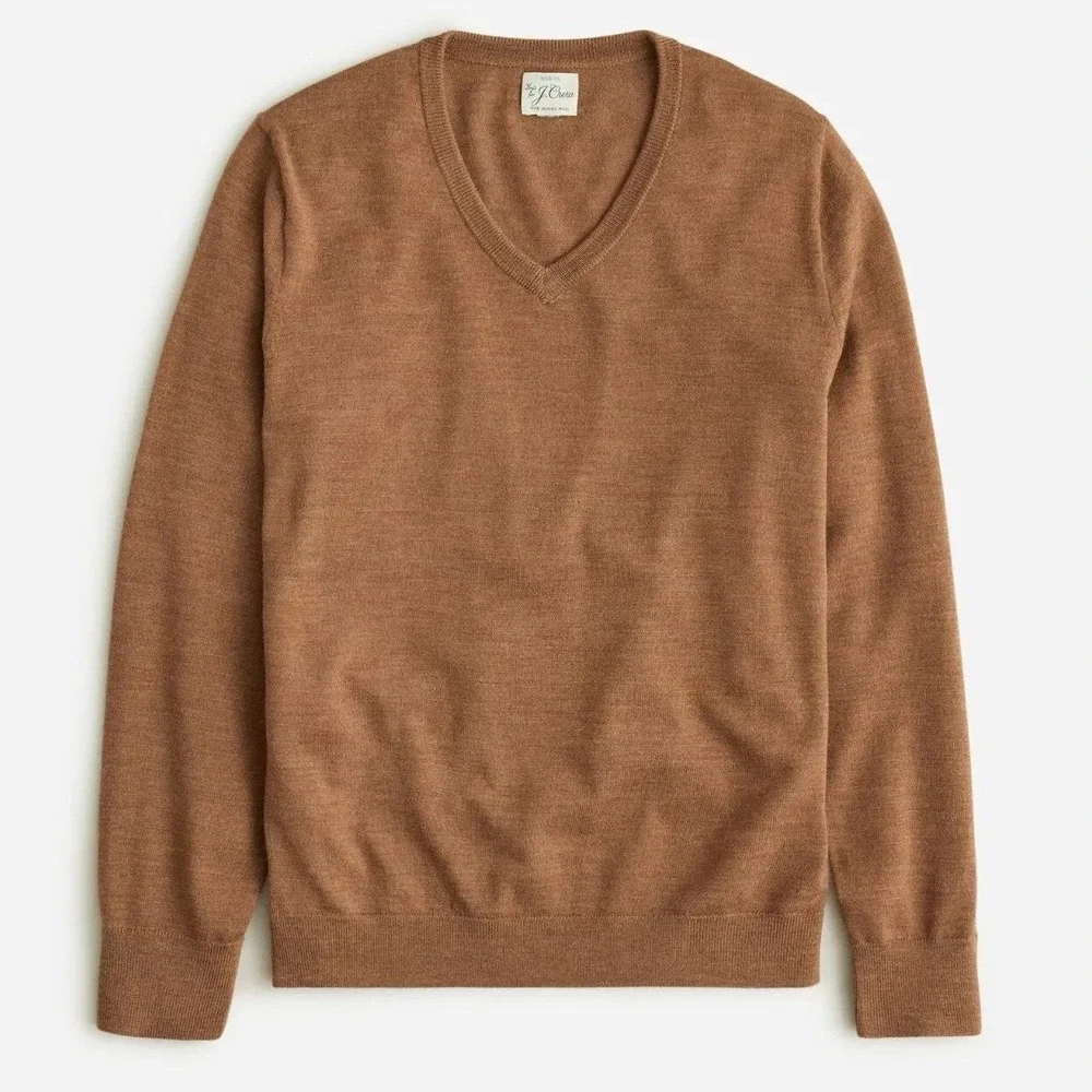 J Crew Mens Merino Wool V Neck Long Sleeve Sweater Brown XL Casual‎ Preppy Cozy